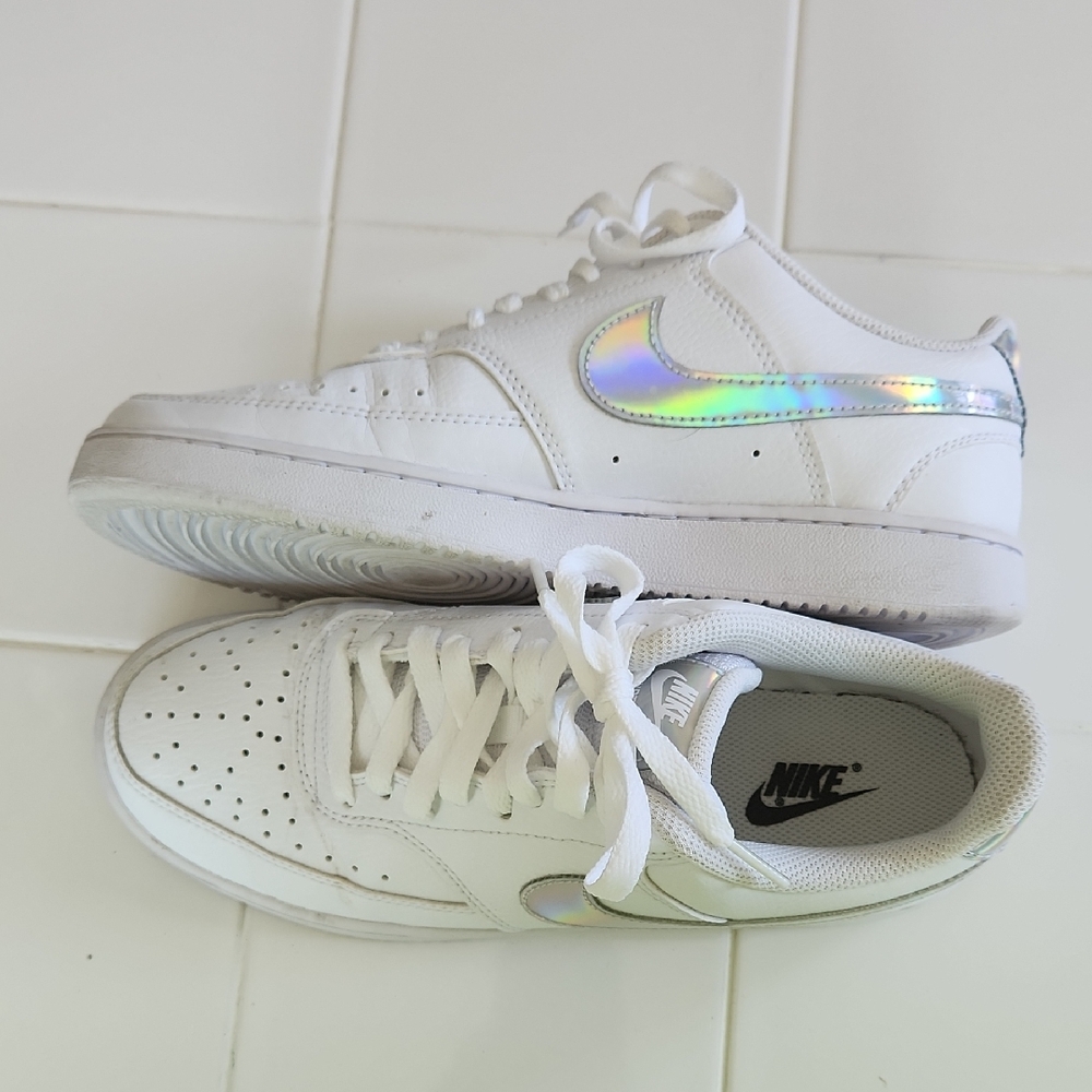 Nike Womens White Sneakers with Iridescent Swoosh